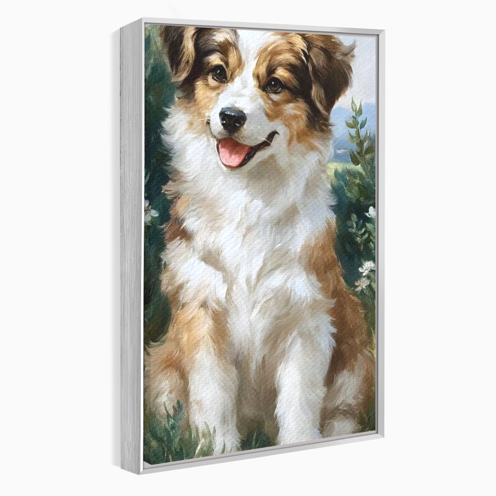 Tablou canvas cu tablou canvas cu catel prietenos in gradina, in rama de aluminiu argintiu